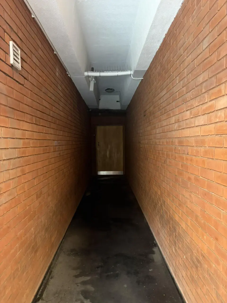 A narrow hallway with a door at the end.