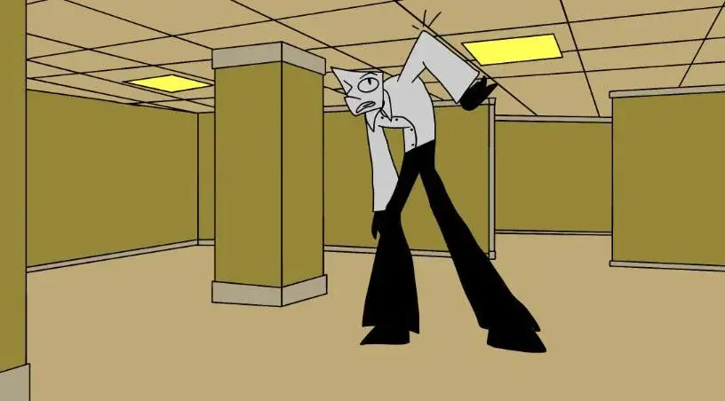 A man with a weird face and black pants standing in a hallway.