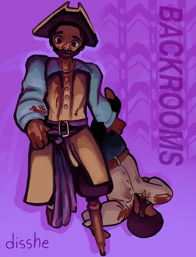 A man in a pirate costume is standing over another man who is laying on the ground.