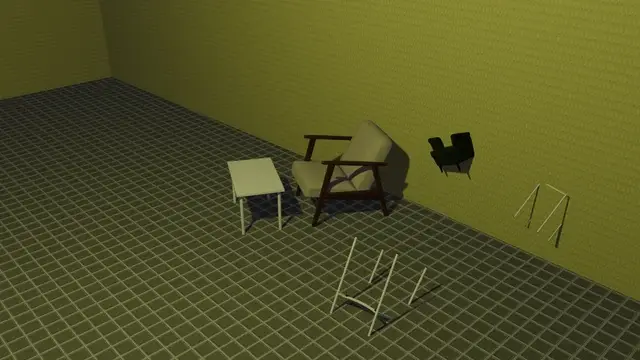 A chair in front of a yellow wall.
