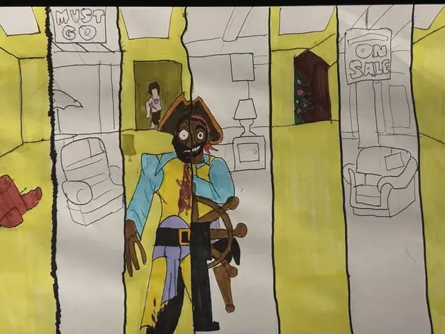 A drawing of a man with a pirate hat and a bloody face.