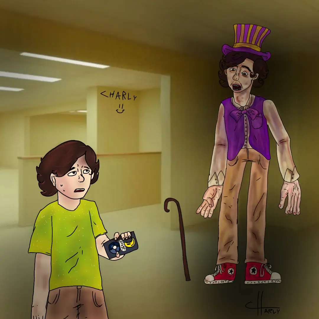 A boy holding a camera in front of a creepy clown.