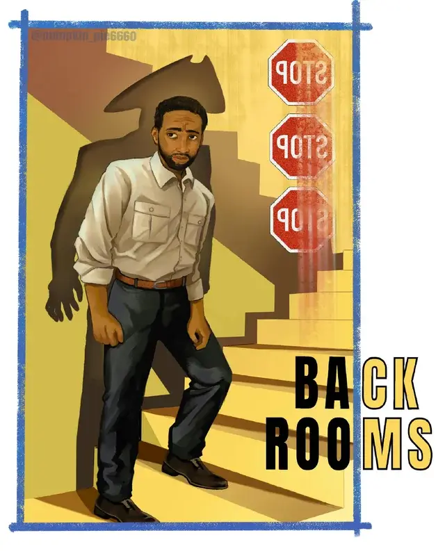 A man standing in a room with a stop sign.