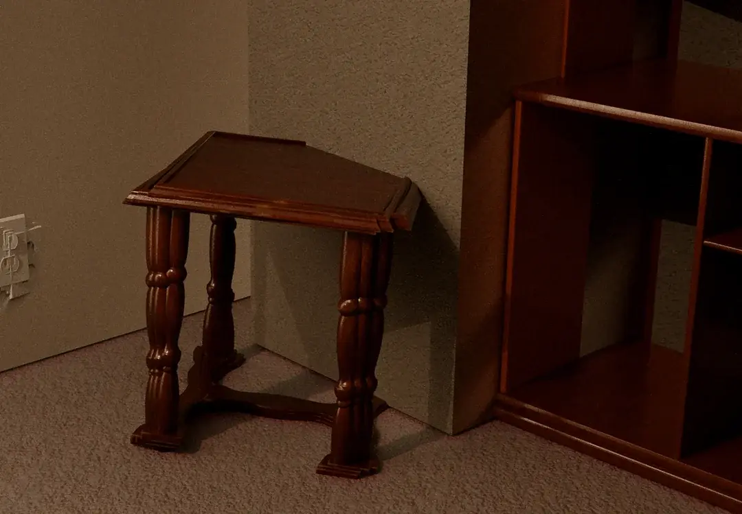 A wooden table with a drawer.