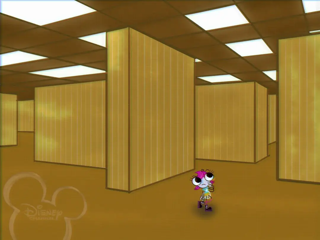 A cartoon character in a yellow room.