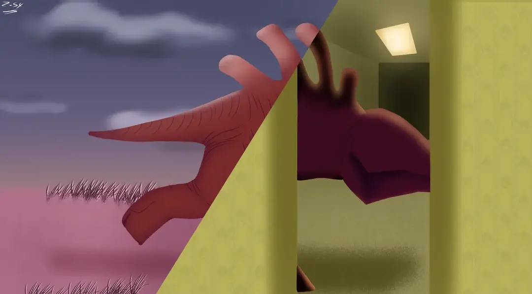 A cartoon of a moose with a yellow background.