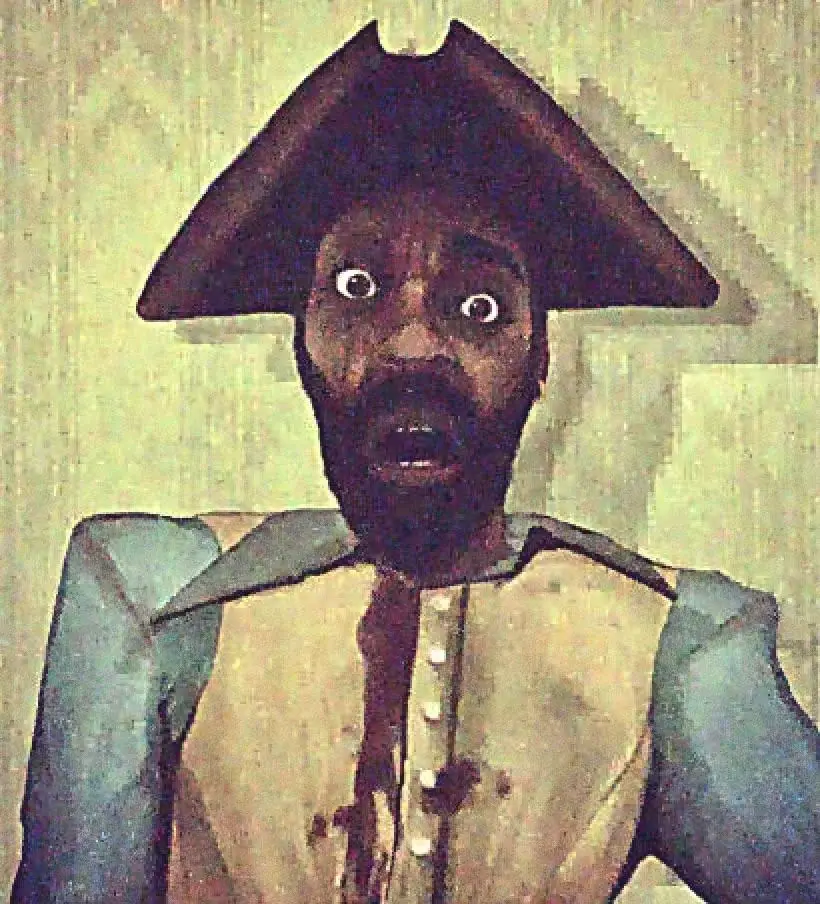 A man wearing a pirate hat and a blue shirt with a red stain on it.