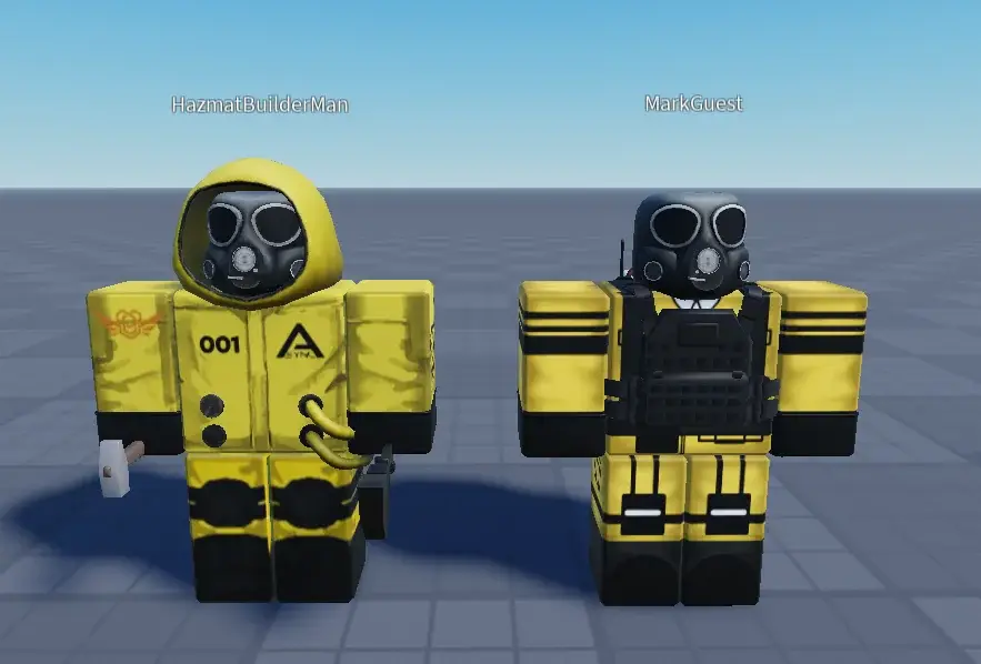 Two yellow Hazmat suits in a virtual environment.