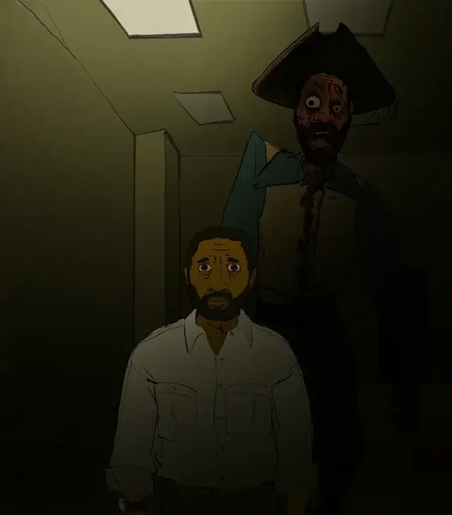A man with a pirate hat and a bloody face.